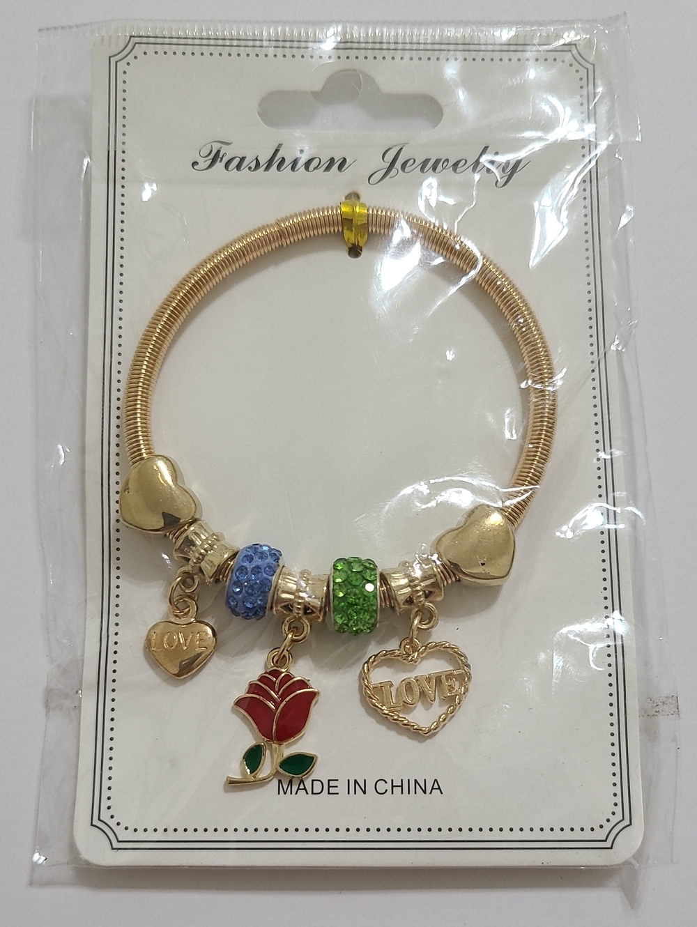 Fashion Jewelry Gold-Tone Bracelet with Green & Blue Charms, Rose & Heart Charms